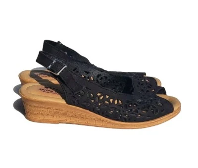 Spring Step Womens Sandals Size 7 Black Wedge  US  Slingback Peep Toe  - Image 1 of 4