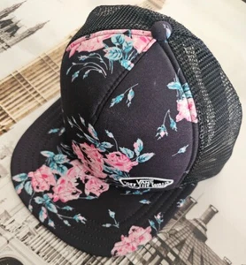 VANS Off The Wall Logo Womens Black Pink Green Floral Print Snapback Trucker Hat - Picture 1 of 5