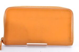 PRADA Long Wallet Leather Orange Round Zip Logo Embossed Used Authentic R11721