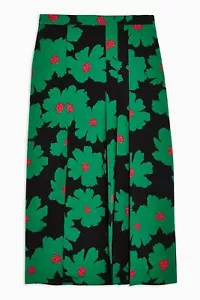 Topshop PETITE Black & Green Bold Floral Pleated Midi Skirt Size 8 Petite - Picture 1 of 4