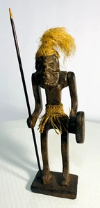 Rare & Old Primitive Java Warrior Wooden Carving and Jute Tribal Sculpture 10" - Picture 1 of 18