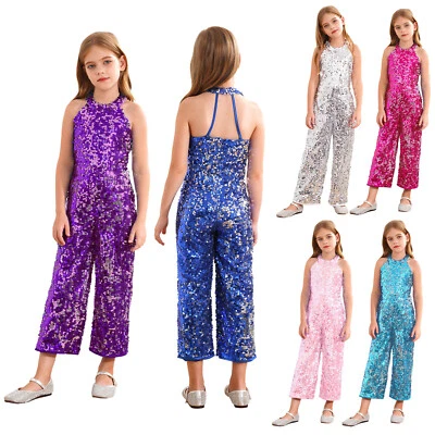 Kids Girls Sequins Sparkle Jazz Dance Party Rompers Jumpsuit Pageant Long Pants - Image 1 of 3