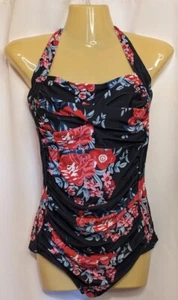 Sz L Tummy Control One Piece Ruched Waist Halter Swimsuit Black Floral Push Up - Picture 1 of 8