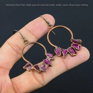 Rosa Turmalin grober Edelstein Kupfer Tropfen Hänger Hochzeit galvanisierte Ohrringe - Bild 1 von 11