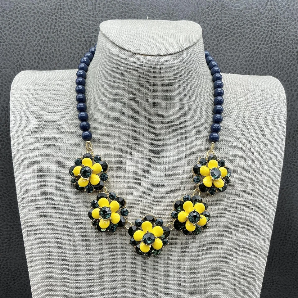 Collar babero Talbots floral llamativo diamantes de imitación amarillos tono dorado cuentas azules Foto 1 de 4