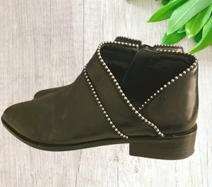 Lucky Brand Women Sz 6.5 Black Leather Prucella Studded Ankle Boots Side Zip - Picture 1 of 12