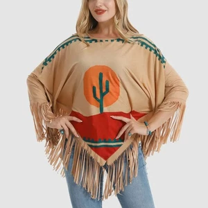 Montana West American Bling Desert Cactus Sunset Shawl Women Fringe Poncho Tan - Picture 1 of 4