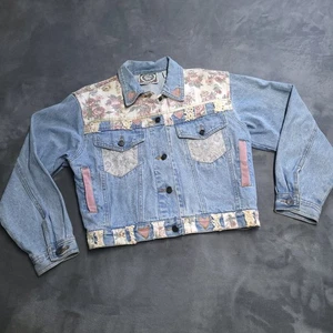 Vintage 90er Zip Code Blumen Spitze Patchwork blau Denim Jeansjacke Gr. Small Hongkong - Bild 1 von 9