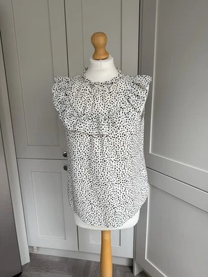 New Look Ruffle Blouse · Ivory With Black Spot UK 10 · Retro Vintage Workwear - Image 1 of 4