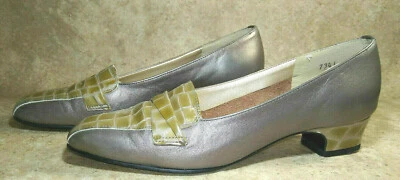 Vtg Magdesians Leather Shoes 7N Alligator Print Detail Pumps Flats Pewter-Brown - Image 1 of 4