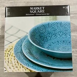 Market Square 12 piece Melamine Blue Dinnerware Set (Plates and Bowls) NEW - Picture 1 of 3