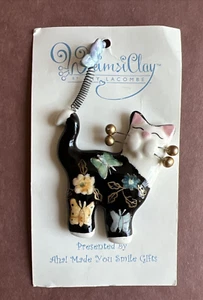 AMY LACOMBE Black Ceramic w/ Colorful Hand Pained Flowers Cat Brooch NWT - Picture 1 of 8