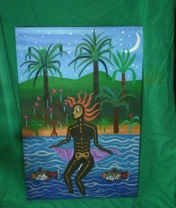 VTG OUTSIDER ART OIL ON CANVAS PAINTING BIZARRE WEIRD FISH WOMAN SEXUAL BEHAVIOR - Picture 1 of 6
