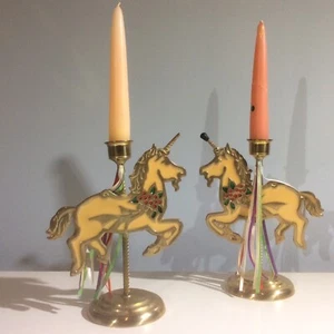 VTG 2 Unicorn Candlestick Candle Holders Enseco Metal Tall Horse Pair w/ Ribbon - Picture 1 of 8