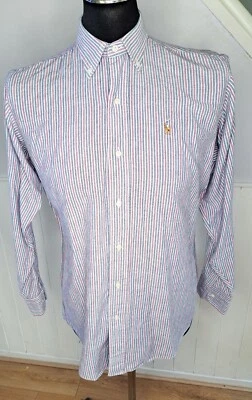 Рубашка мужская Polo от ralpth lauren с длинным рукавом приталенная сине-розовая в полоску размер 20 - Изображение 1 из 4