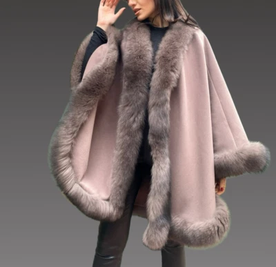 Poncho de cachemir con piel de zorro - Capa de cachemir - Poncho para mujer / Abrigo de piel de zorro marrón  Foto 1 de 4