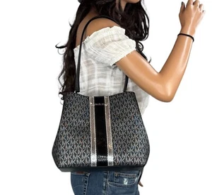 MICHAEL KORS PRATT MEDIUM BUCKET SHOULDER TOTE BAG CENTER STRIPE MK SILVER BLACK - Picture 1 of 12