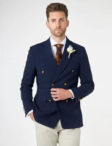 Mens Retro Prince of Wales Check Double Breasted Jacket Gold Button Tailored Fit - Picture 1 of 15