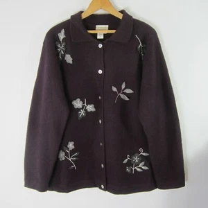 Vintage Coldwater Creek Womens M Purple Boiled Wool Jacket Coat Applique Leaves - Picture 1 of 7
