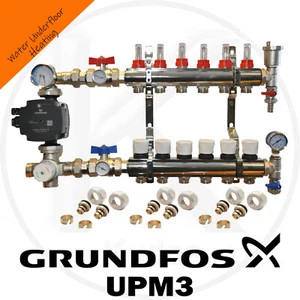 WET UNDERFLOOR HEATING MANIFOLDS 2 TO 8 PORTS A RATED GRUNDFOS PUMP PACK KIT - Picture 1 of 12