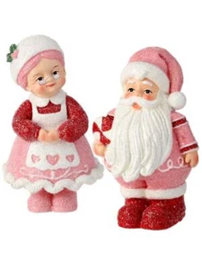 6" Red Pink Candy Sweet Santa and Mrs Claus Christmas Village Figure Set of 2 - Picture 1 of 1