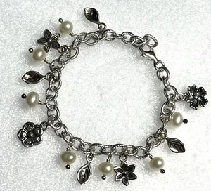 NWOT OR PAZ 925 STERLING SILVER CHAIN CHARMS PEARL BRACELET 7.5" ISRAEL PZ - Picture 1 of 9