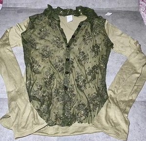 Rubber Ducky Women’s V Neck Lace Blouse Olive Green Top Blouse M - Picture 1 of 5