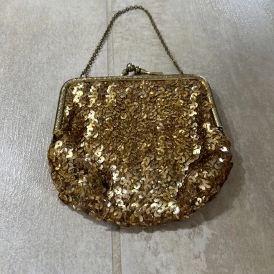 Bolso de noche de lentejuelas doradas de segunda mano con cierre y asa de cadena Foto 1 de 4