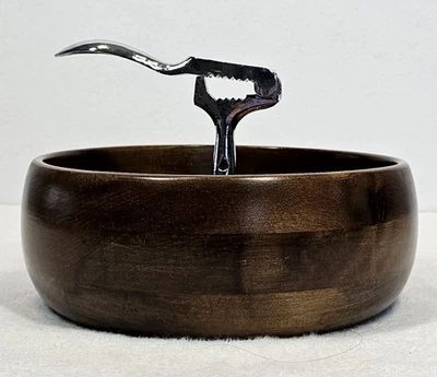 Vtg MCM Chrome Nutcracker Attached Walnut Wood Bowl Retro Barware Danish Modern - Image 1 of 4