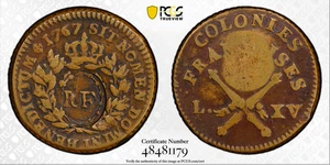 1767 A French Colonies Sou 1793 "RF" Counterstamp PCGS VF-35 *Ex. Martin* - Picture 1 of 5