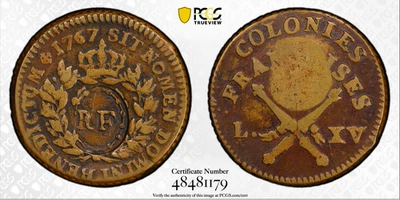 1767 A French Colonies Sou 1793 "RF" Counterstamp PCGS VF-35 *Ex. Martin* - Image 1 of 4