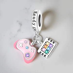 Rainbow Gem Buttons Pink Controller Gaming Charm 925 Sterling Silver Charm - Picture 1 of 1