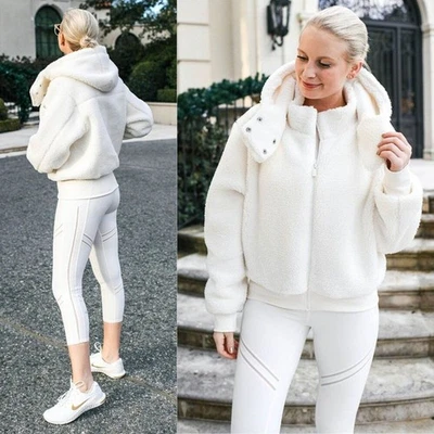 Alo Yoga Foxy Sherpa Jacket Ivory Fleece Removable Hood Zip Front Size XS - Image 1 of 4