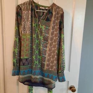 Túnica de cachemira Liz Claiborne verde multicolor con cinturón de tela semi transparente talla grande - Imagen 1 de 10