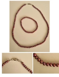 QVC Süßwasser Perlenkette Rot Aubergine SET Kette Und Armband 925er silber - Bild 1 von 4