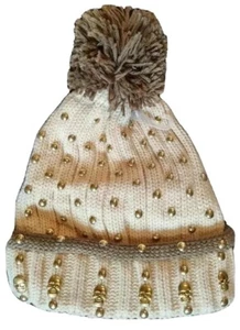 Knit Beanie Hat Cream Ladies Mens Winter Woolly Ski Cap New Gold Skull Women - Picture 1 of 3