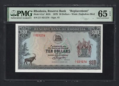 Rhodesia 10 Dollars 02-01-1979 P41a* "Replacement" Uncirculated Grade 65 - Image 1 of 2