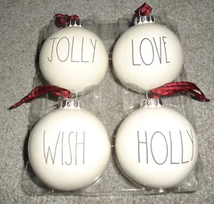 RAE DUNN White HOLLY, JOLLY, WISH, LOVE Gloss Ceramic Ball ORNAMENT Set of 4 NIB - Picture 1 of 7