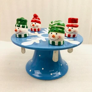 Snowman Holiday Cheese Plate Pedestal Base with 4 Spreader Knives Christmas - Picture 1 of 6