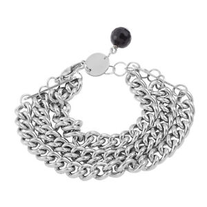 Black Glass Stainless Steel 3 Row Bracelet (7") Brand New in Gift Box  #JB1033