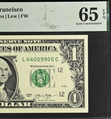 2013 $1 Federal Reserve Note PMG 65EPQ gem four pair serial numbers 44009900 - Image 1 of 3