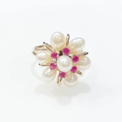 Freshwater Pearl and Ruby 14k Yellow Gold Flower Cluster Ring - Image 1 of 4