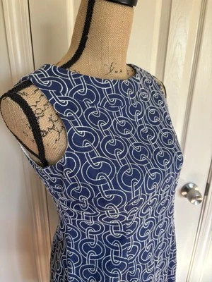 Talbots Greek Key Chain Summer Sheath Dress Cotton Lined Navy 4 Petite - Image 1 of 4