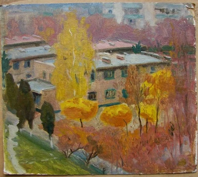 Ukrainian Soviet Oil Painting sityscape impressionism building roofs autum Kyiv - Image 1 of 4