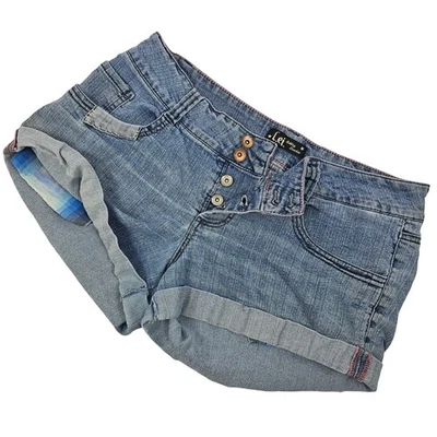 L.E.I. Ashley Low Rise "Tilly" Junior 13 Denim Shorts Blue Button Fly Cuffed Y2K - Image 1 of 4