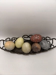 Lot Of 6 Stone Egg Collection Marble Soapstone Payanka Agate In Tin Scroll Tray - Picture 1 of 16