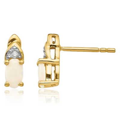 Висячие серьги-гвоздики из чистого желтого золота 14 карат с опалом и бриллиантами - Изображение 1 из 4