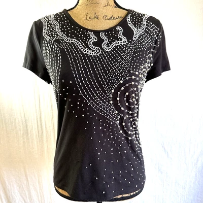 Camiseta Top Etcetera Para Mujer Negra Diseño Lentejuelas Manga Corta Cuello Redondo Talla S/M Foto 1 de 4