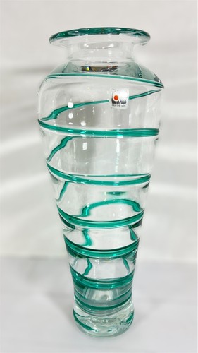 Blenko Art Glass Vase Hand Made Clear Glass With Turquoise Spiral 15 1 4” tall