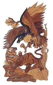 Handcrafted Wood 3D Intarsia Wall Sculpture Art Tiger Patriotic Eagle Battle XL - Picture 1 of 8
